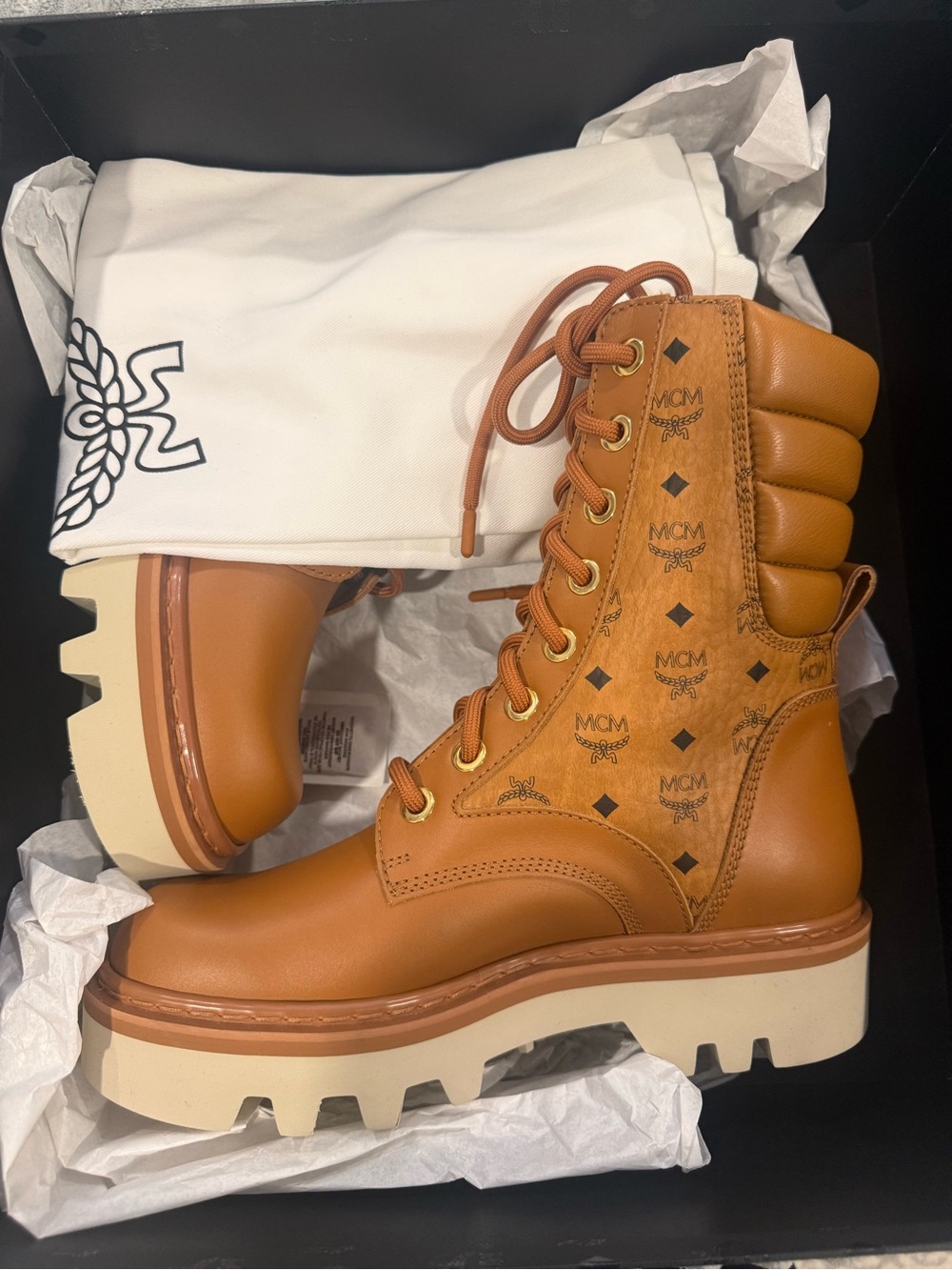 **Brand New** MCM Cognac Monogram Lace-Up Lug Boots with Cream Sole. - Picture 4 of 7